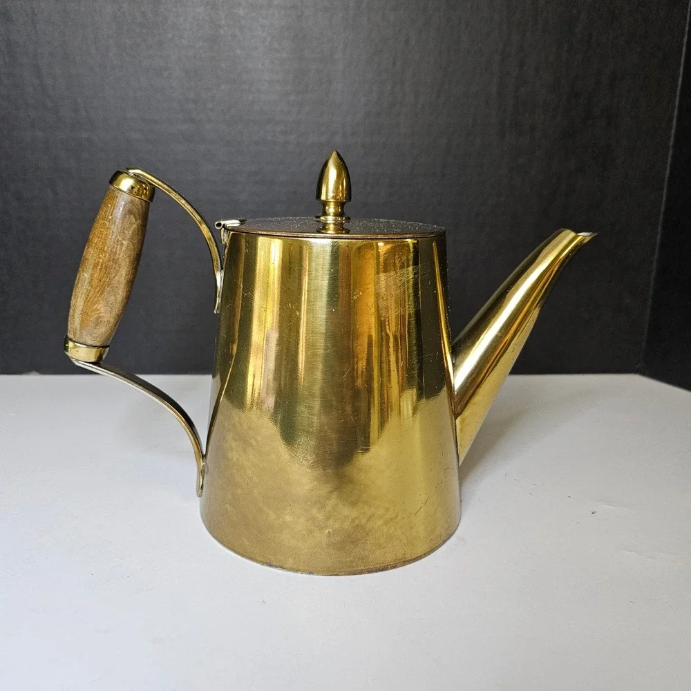 Vintage Brass Teapot with Wood Handle Mid Century Modern Gold Tone Tea Pot 10
